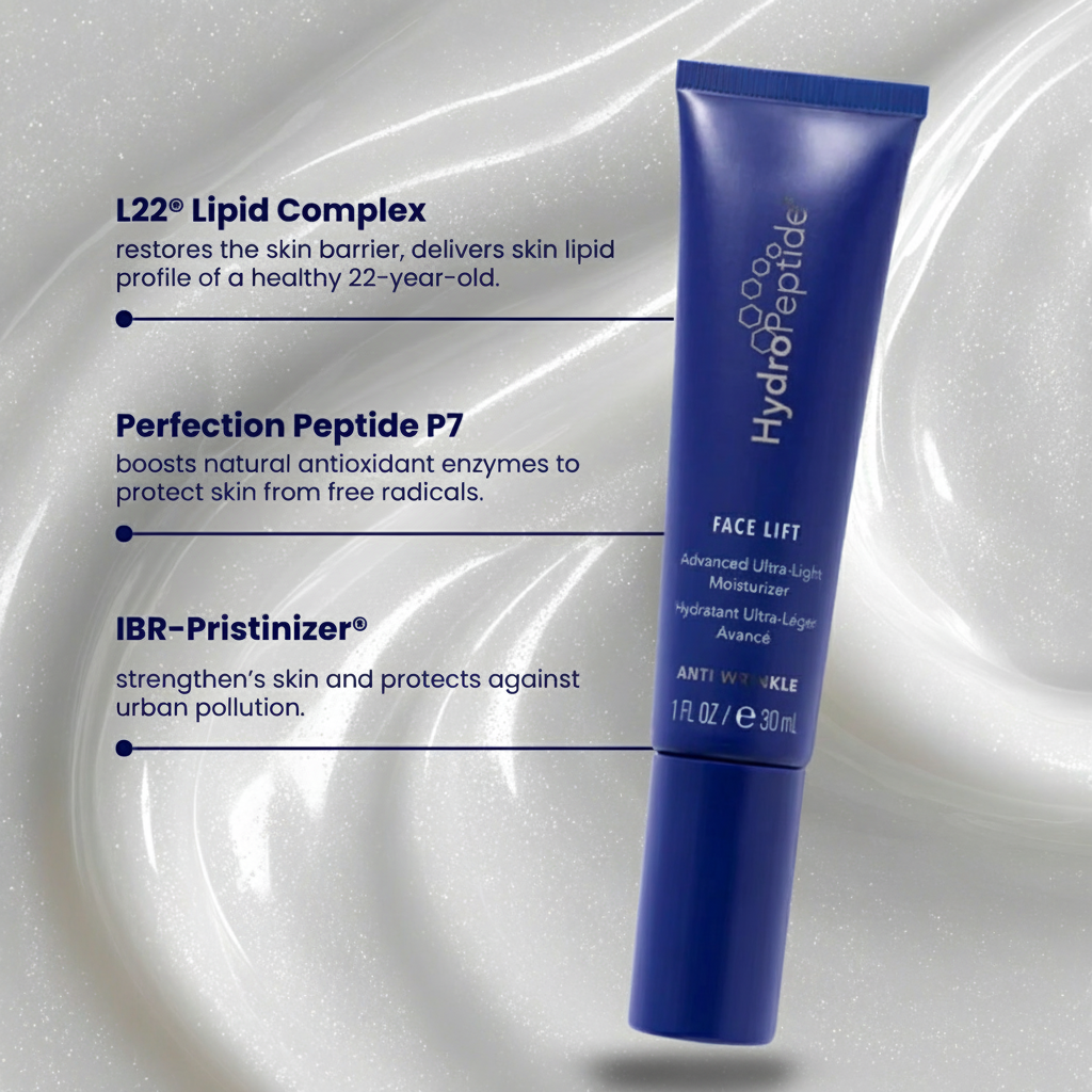 HydroPeptide Face Lift with text detailing ingredients on a white background