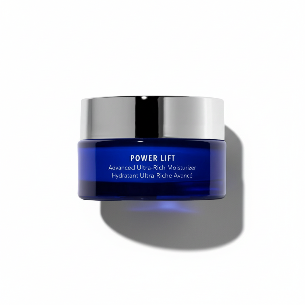 Blue jar of Power Lift Advanced Ultra-Rich Moisturizer on a white background