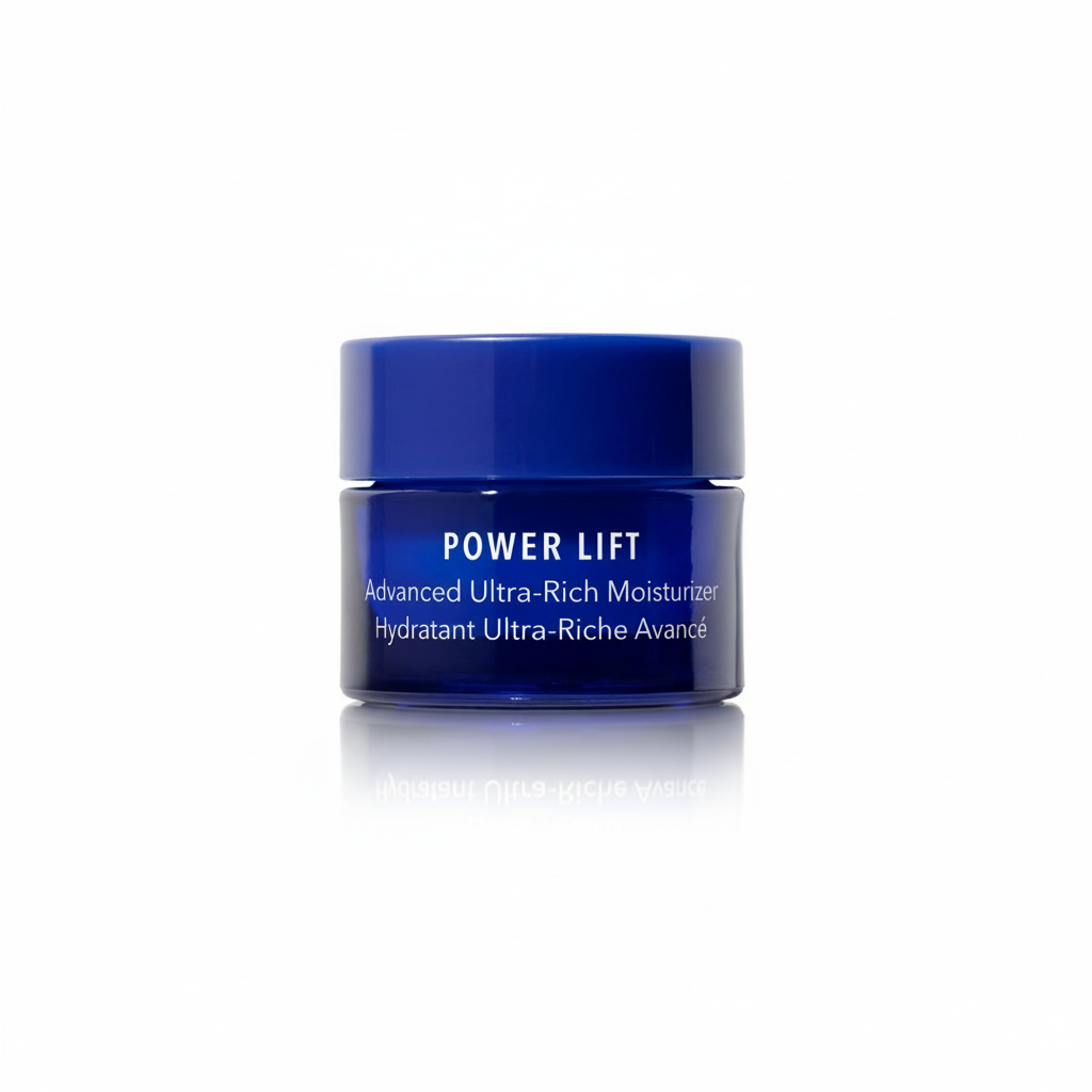 Blue jar of 'Power Lift' Advanced Ultra-Rich Moisturizer on a white background