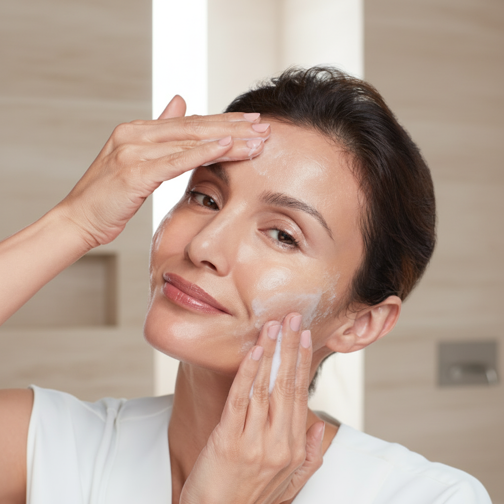 Woman applying cream to her face with a white background