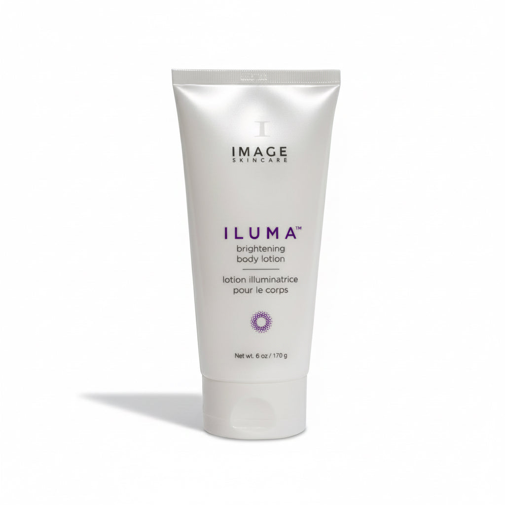 A tube of IMAGE Skincare ILUMA brightening body lotion against a white background.