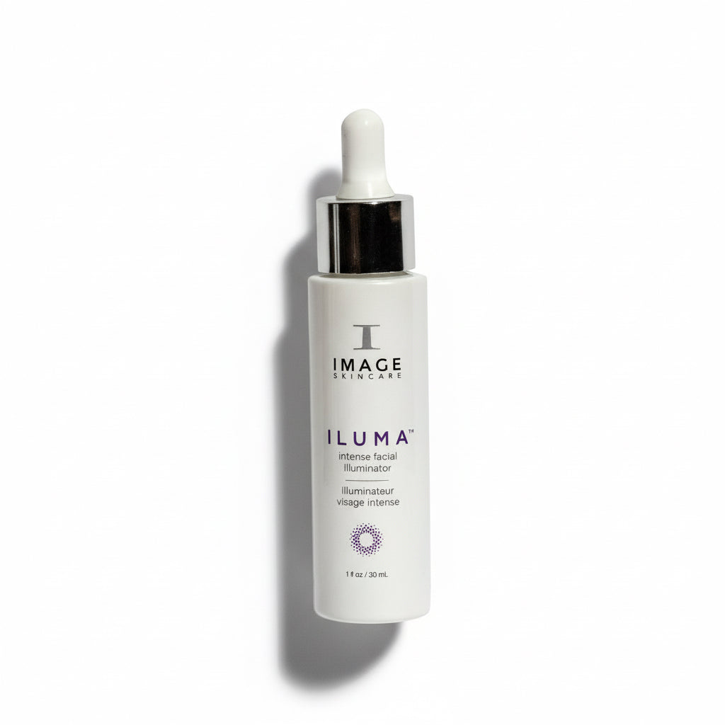 A white bottle with a dropper containing the ILUMA Intense Facial Illuminator serum from IMAGE Skincare.
