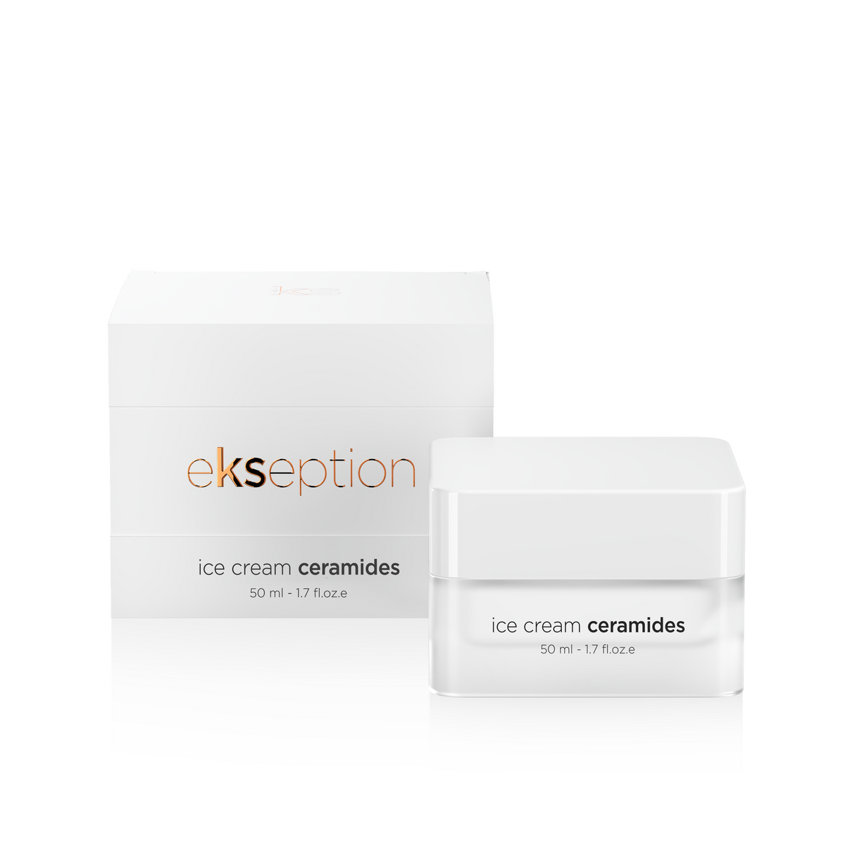 Ekseption Ice Cream Ceramides skincare set featuring a white product box and a matching white jar with black and orange text, set against a clean white background.