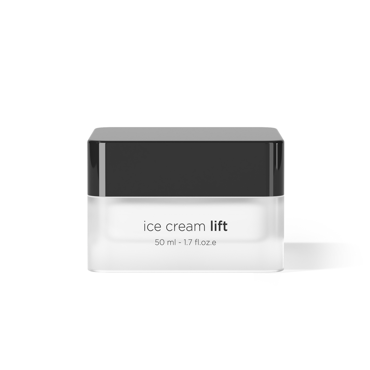 A clear cosmetic jar with a glossy black lid, labeled 'ice cream lift' and '50 ml - 1.7 fl oz e', centered on a clean white background.