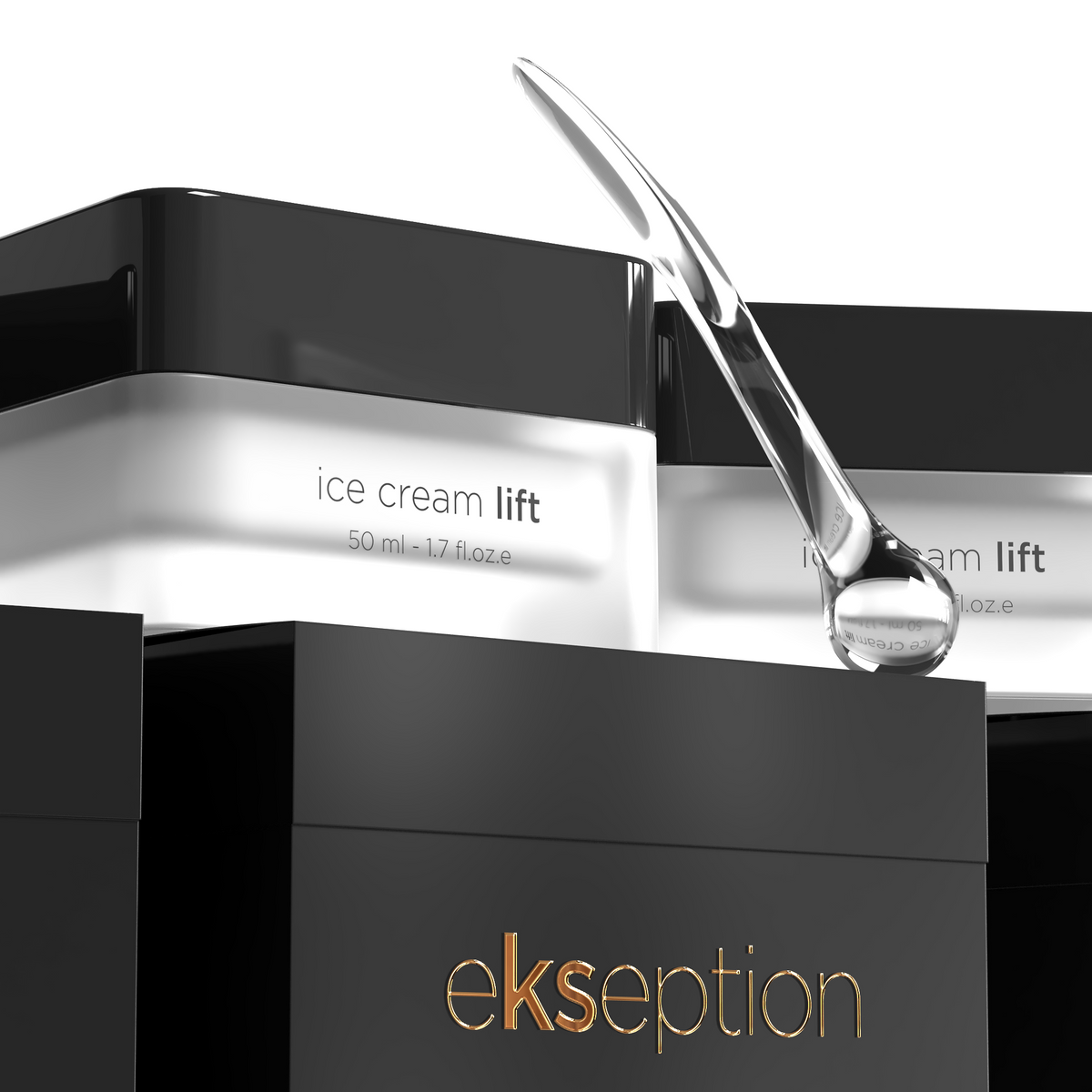 Ekseption Ice Cream Lift cosmetic packaging featuring black and white rectangular containers with a clear dropper above, on a white background.