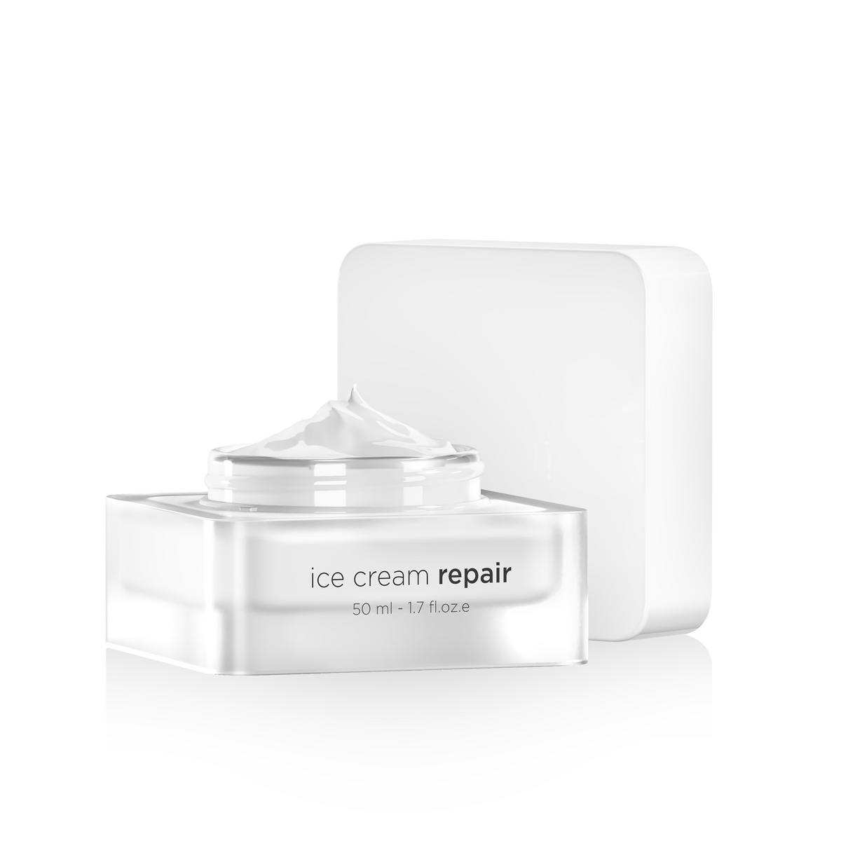 A clear cosmetic jar labeled 'ice cream repair' with white cream visible at the top, shown in front of a matching white rectangular box on a clean white background.