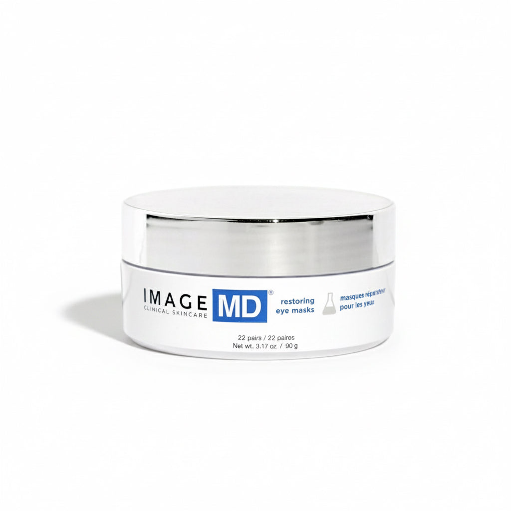 A jar of IMAGE MD restoring eye masks, designed for hydrating and brightening the under-eye area.