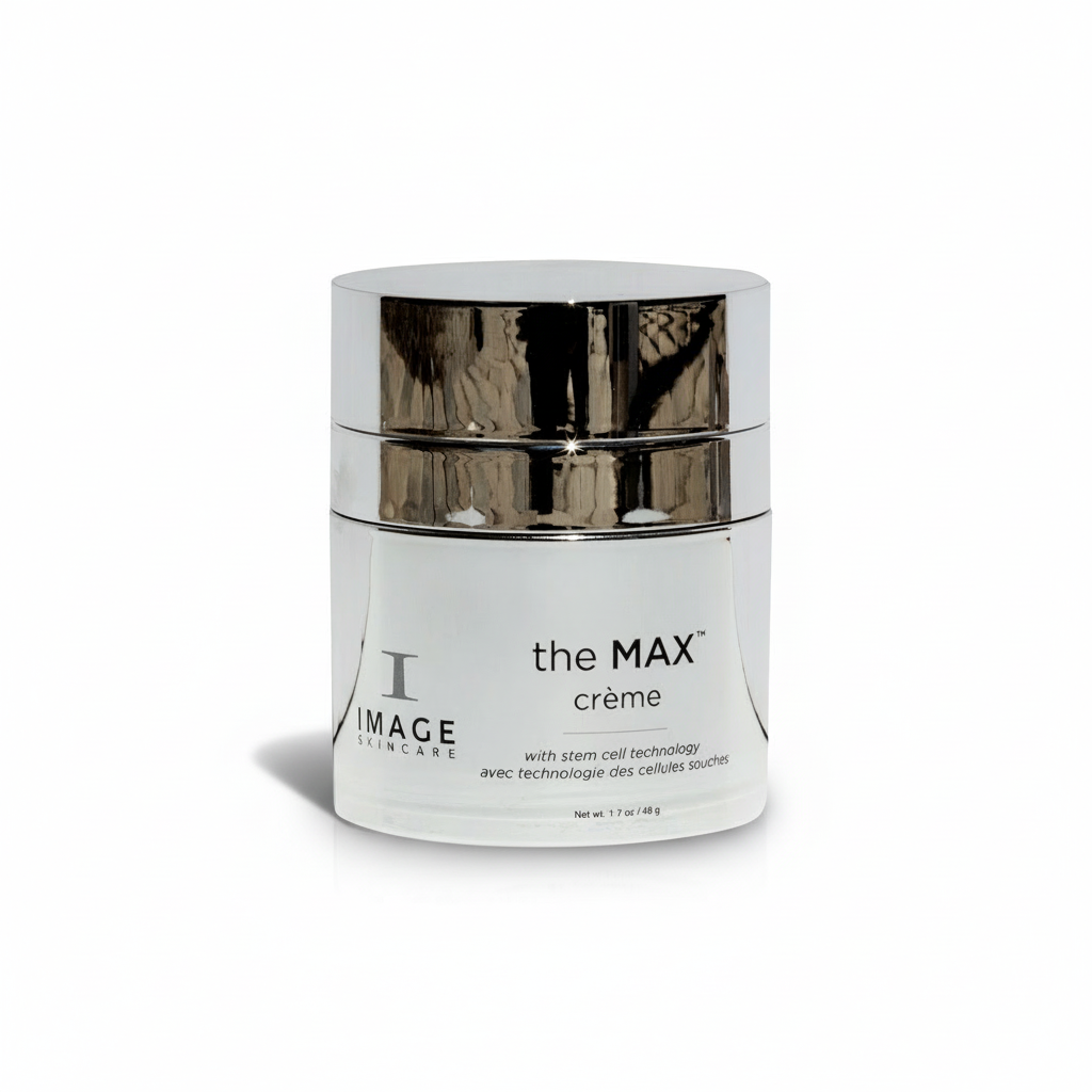 A jar of the MAX Stem Cell Creme by IMAGE Skincare, with a white and silver design, indicating a luxury skincare product.