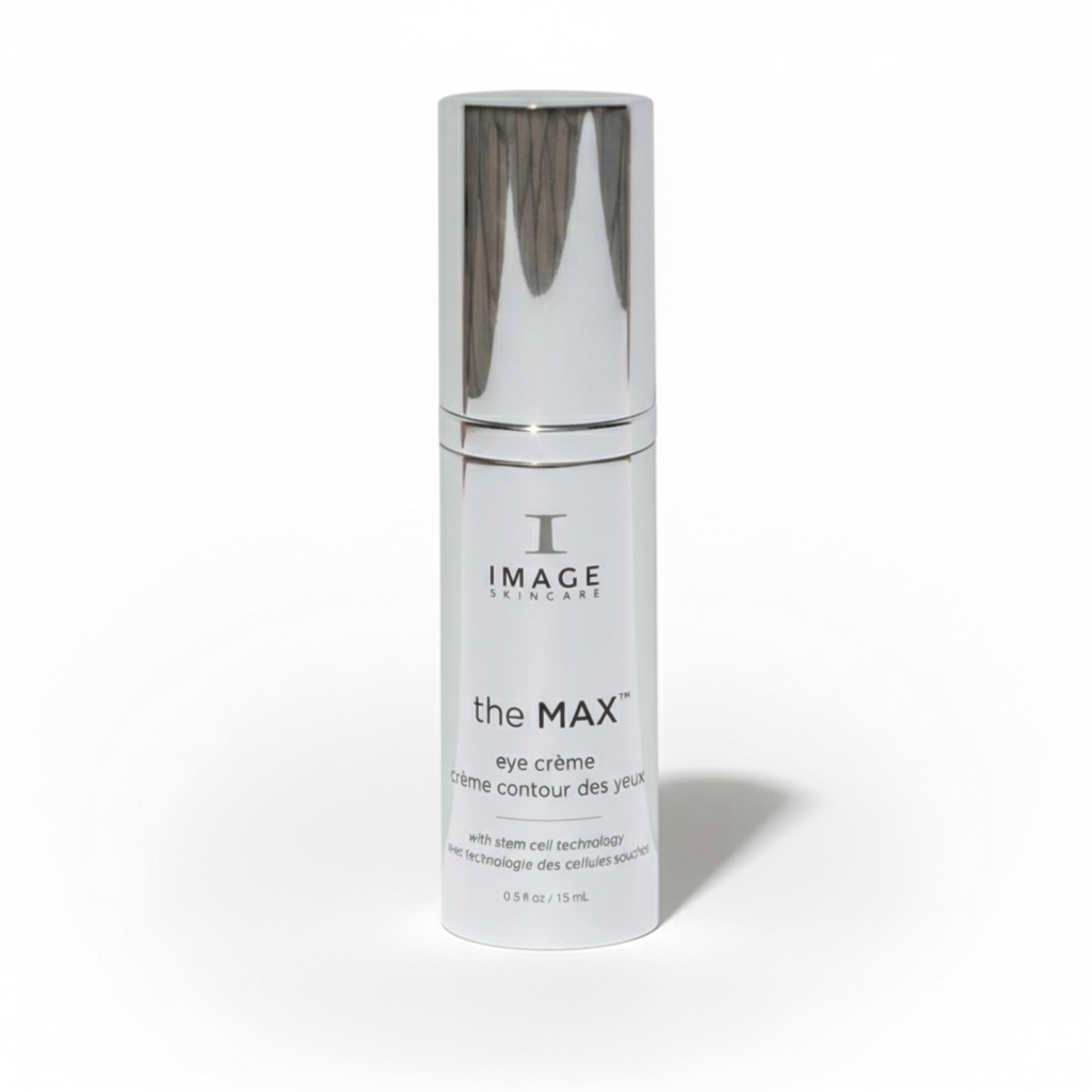 A bottle of the MAX Stem Cell Eye Creme by IMAGE, designed for skincare and targeted eye care.