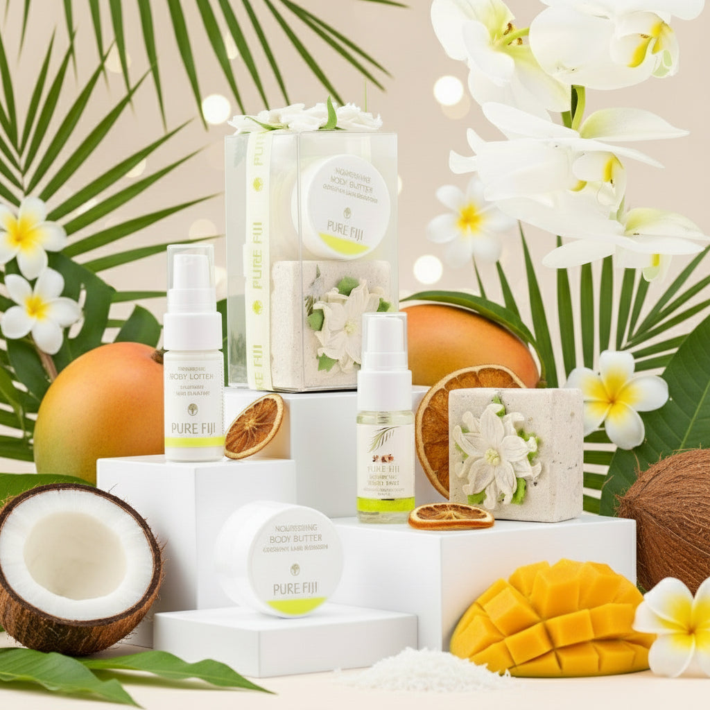 Collection of skincare products with floral design on a light green background