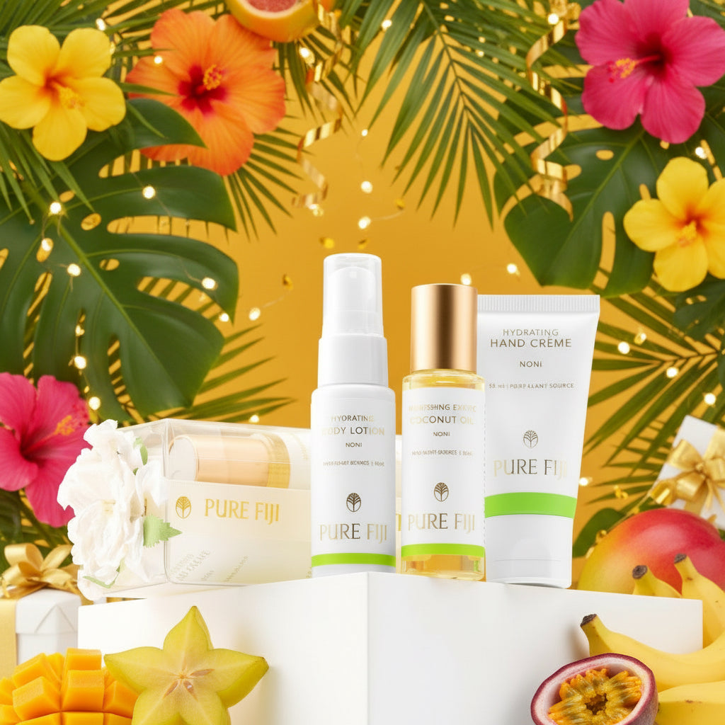 Set of Pure Fiji skincare products on a festive, tropical background