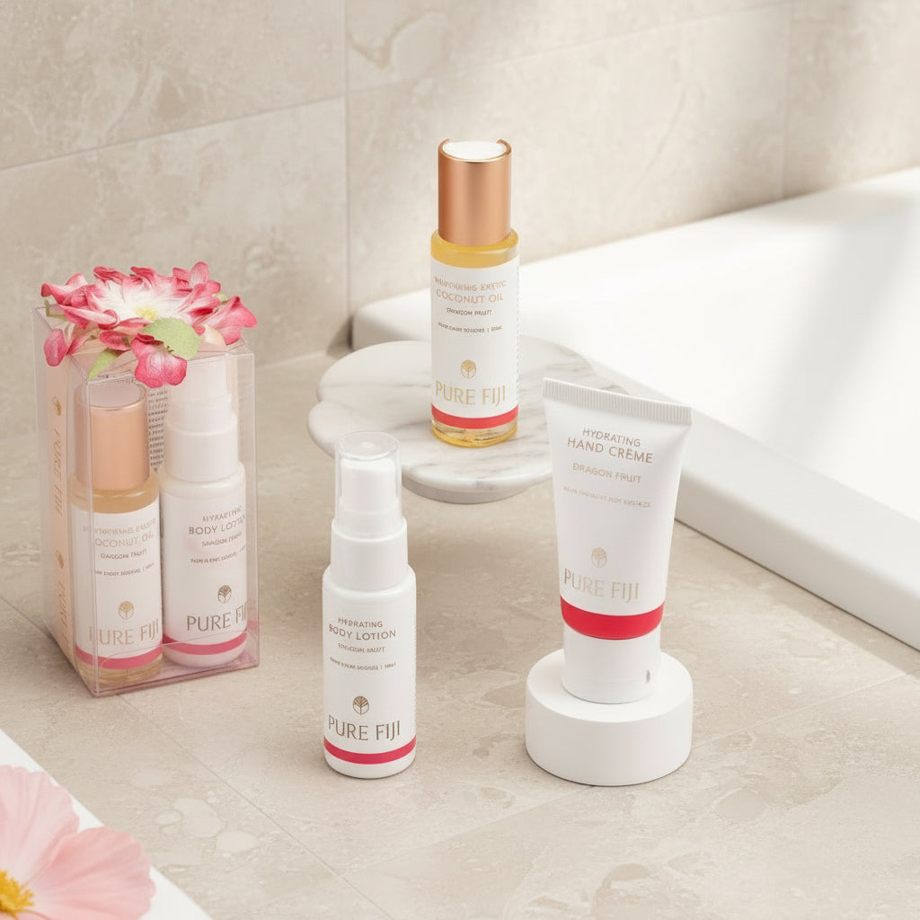 Collection of skincare products with 'PURE FIJI' branding in a neutral bathroom