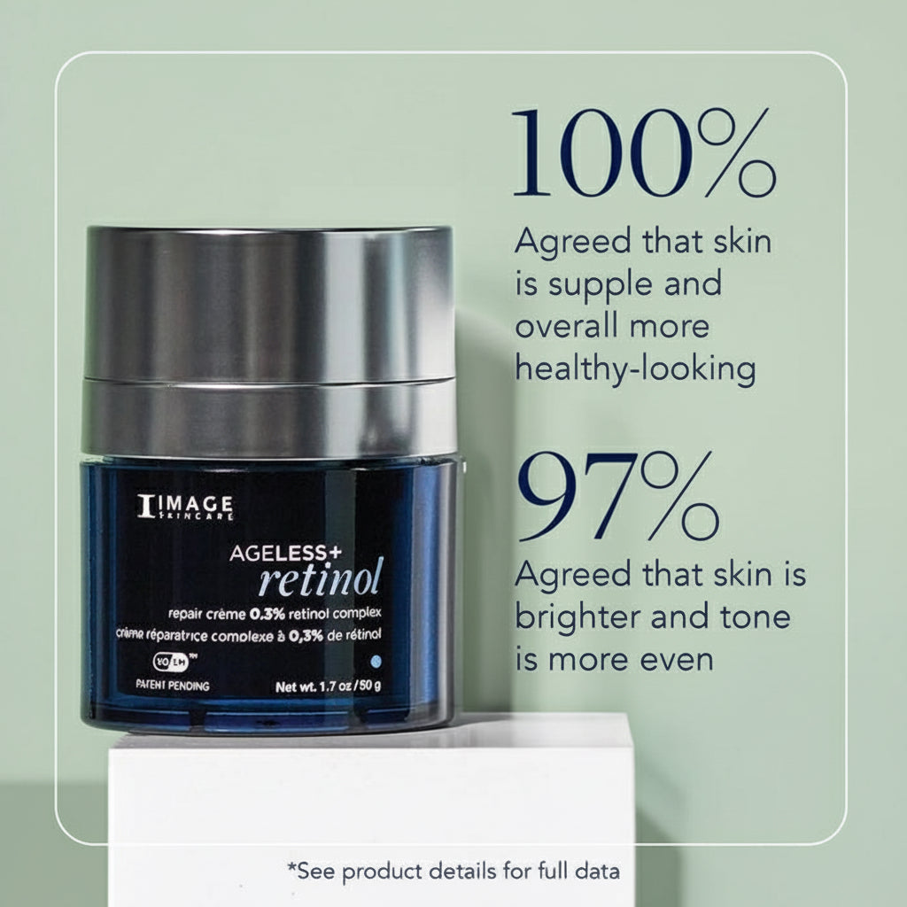 Cosmetic jar with text on a light blue background