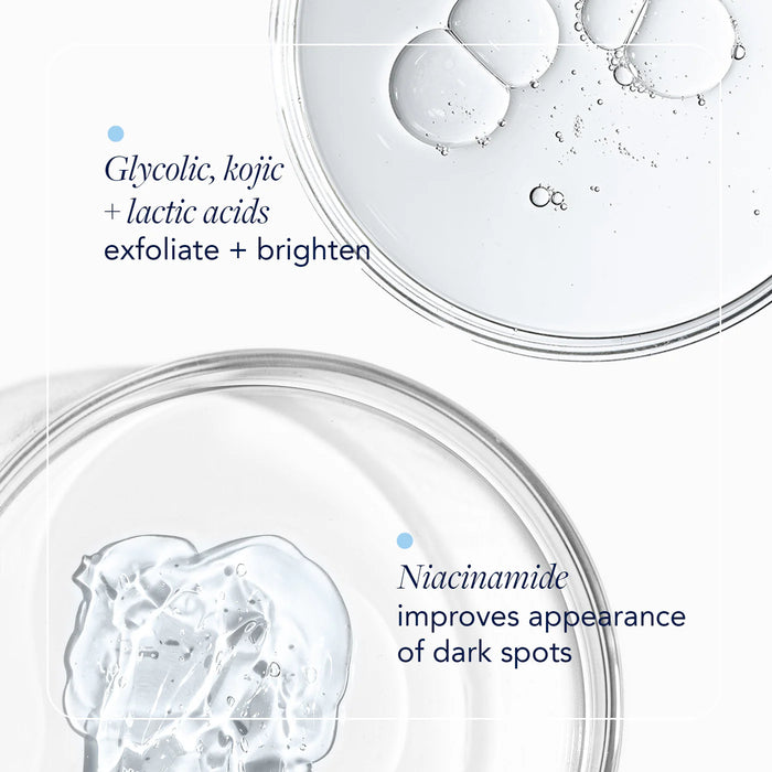 Text about skincare ingredients with close-up of clear liquid and bubbles.