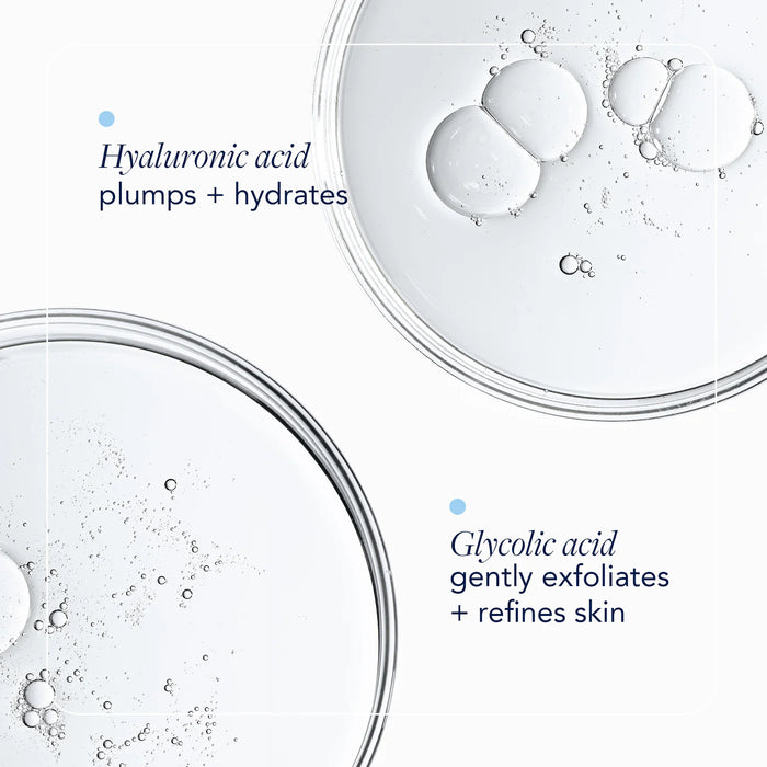 Close-up of water droplets with text about hyaluronic and glycolic acids on a white background.