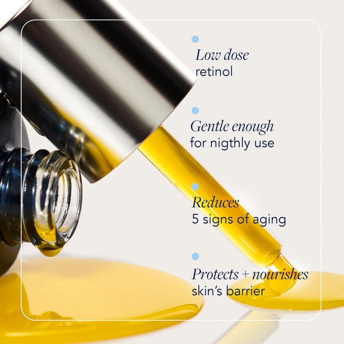 Cosmetic dropper with yellow liquid and text about skincare benefits on a light background