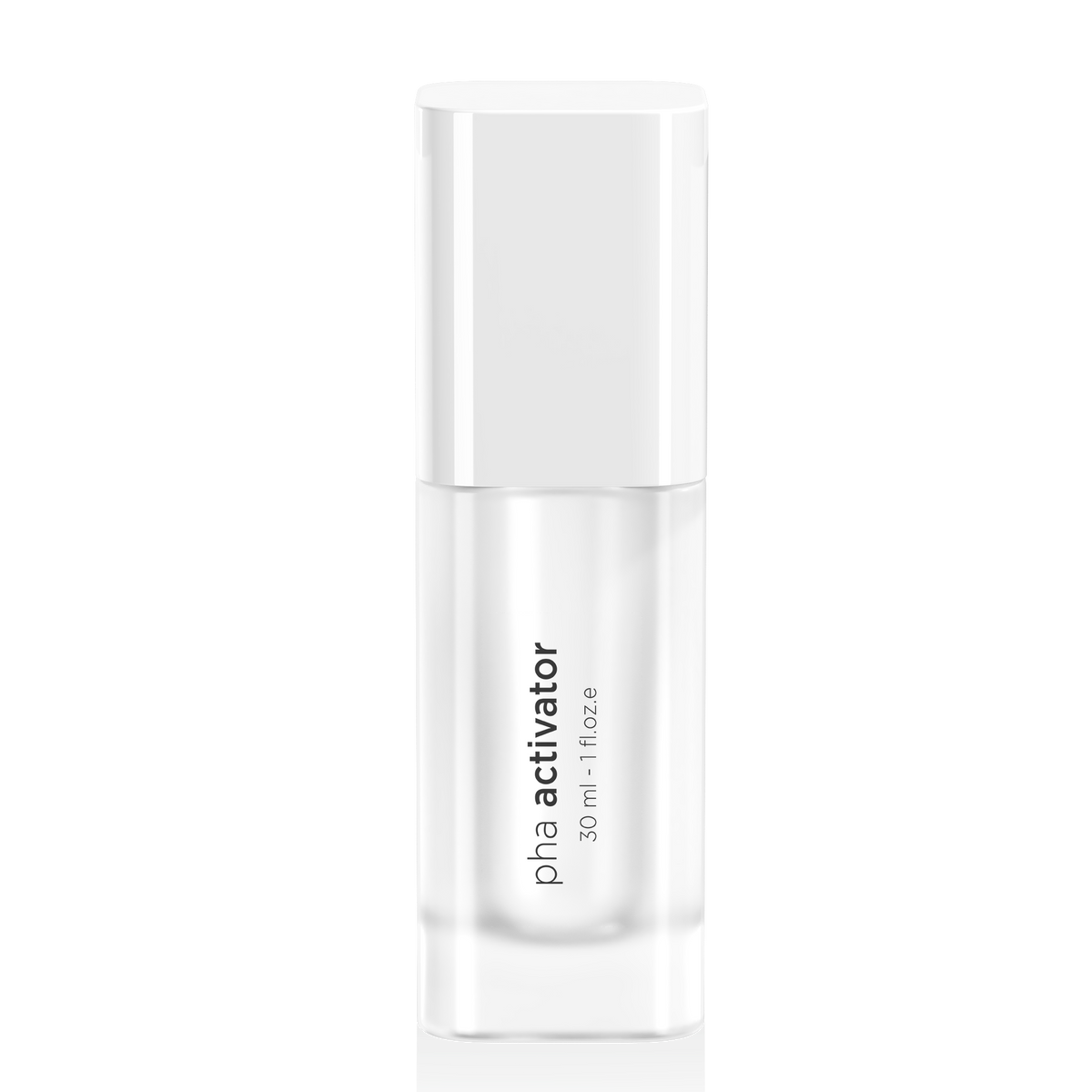 A clear glass bottle of pha activator serum with a white cap, shown on a clean white background with a soft reflection.