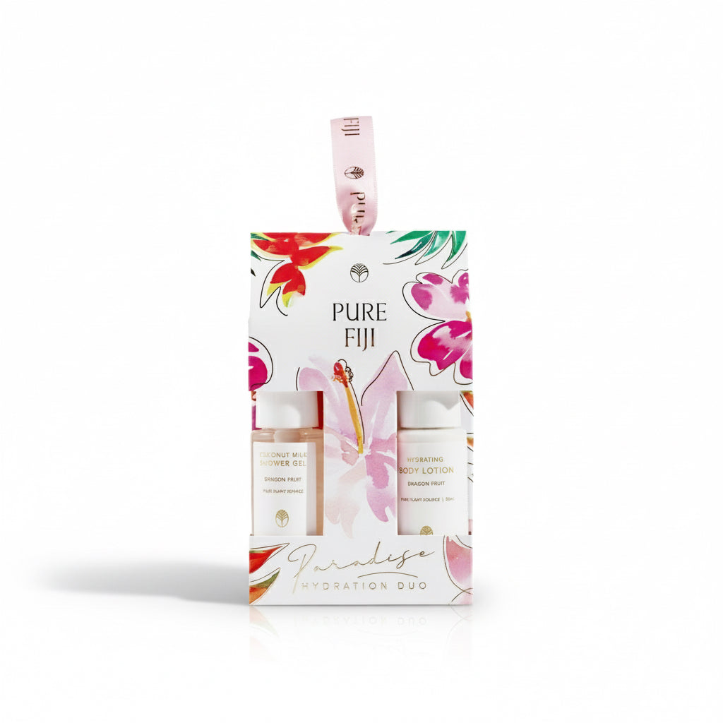 Pure Fiji body lotion set with floral design on packaging