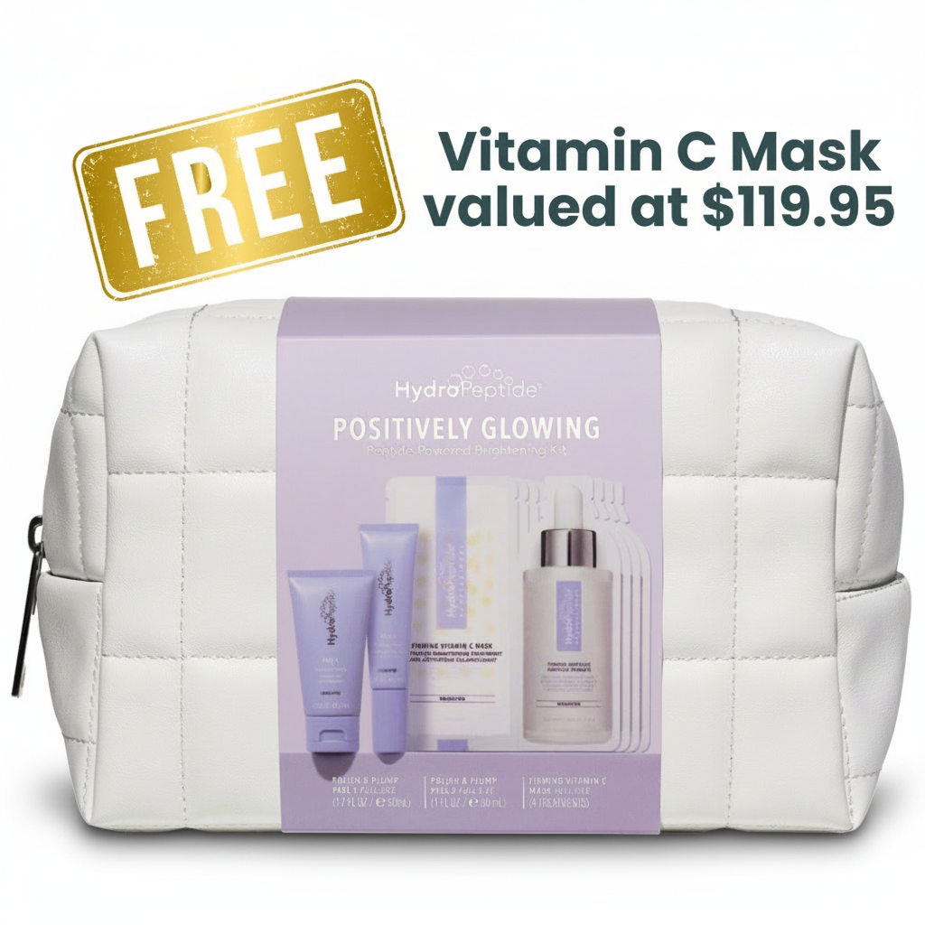 White quilted makeup bag with skincare products and a free vitamin C mask offer on a white background