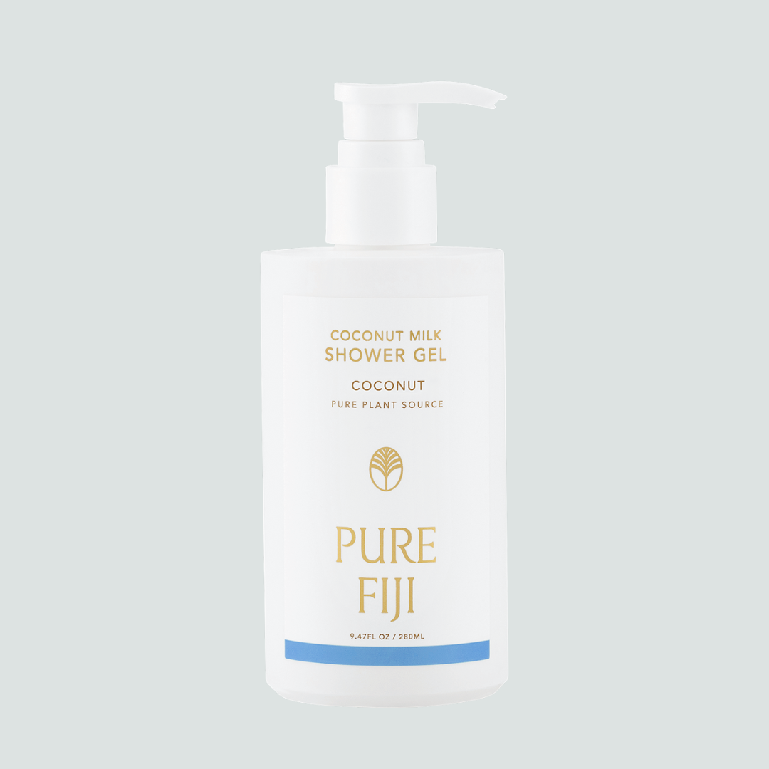 Coconut milk shower gel bottle with 'PURE FIJI' branding on a light gray background