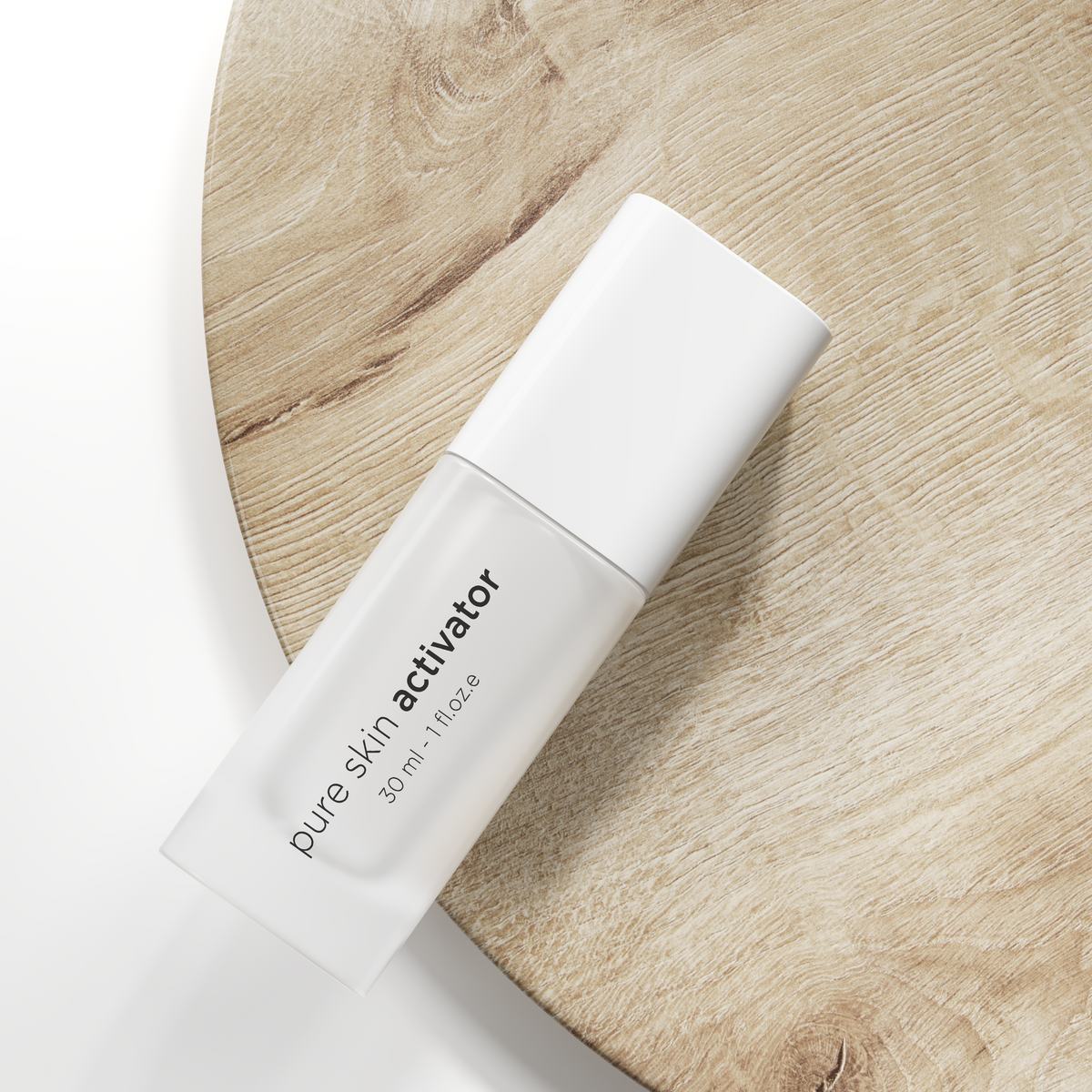 A white bottle of "Ekseption pure skin activator" with black text, resting diagonally on a round wooden slice against a clean white background.