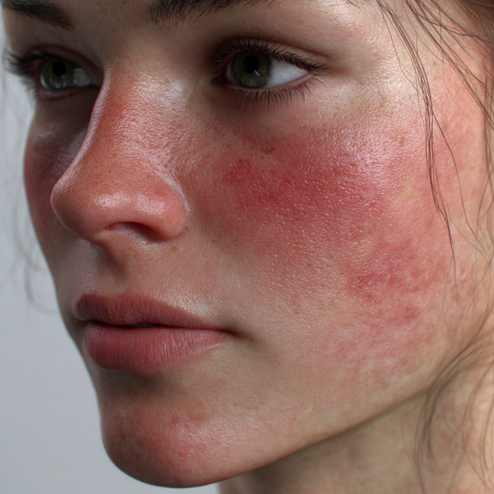 Close-up of a person's face with redness on the cheek
