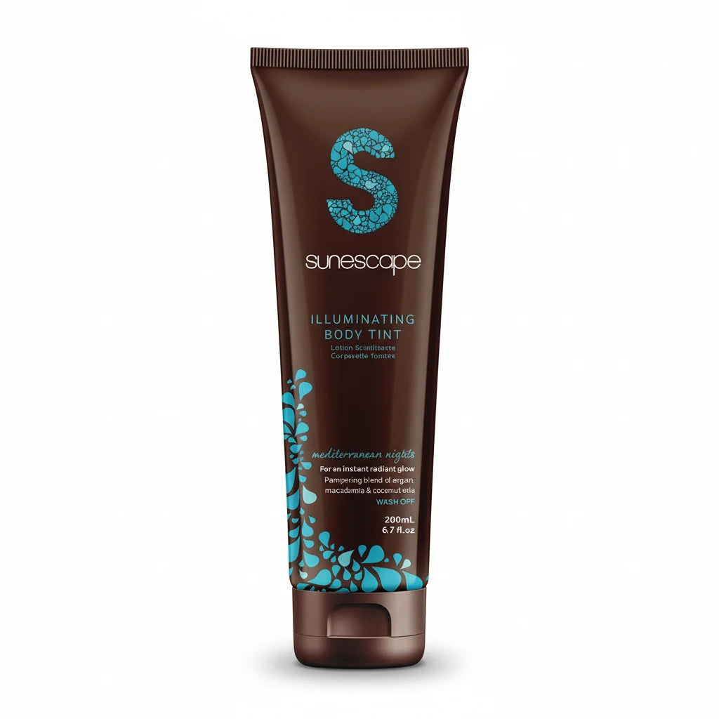 Sunescape Illuminating Body Tint tube with brown and blue design on a white background