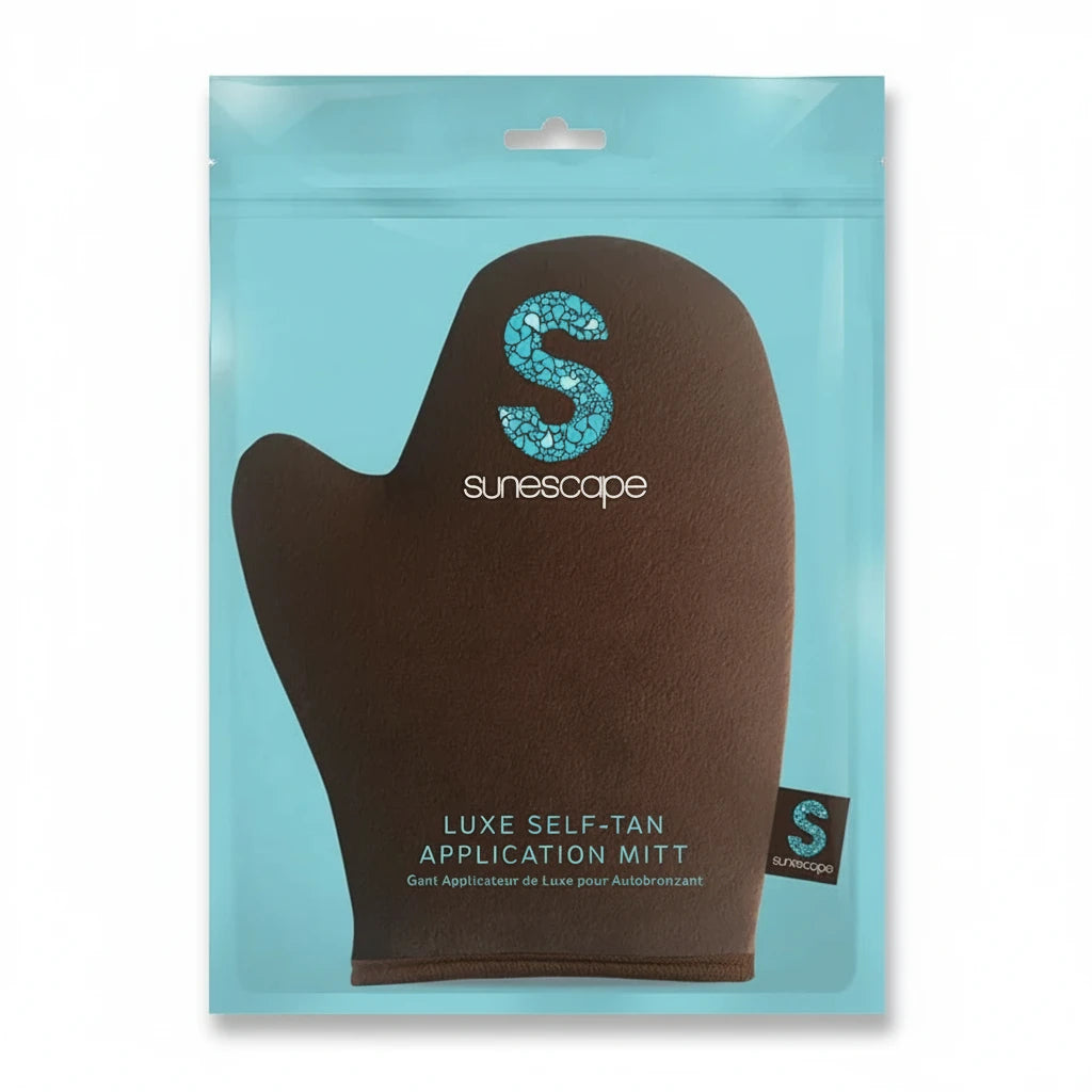 A packaged lux self-tan application mitt in brown color, with the brand logo 'Sunescape' in blue, displayed against a teal background.
