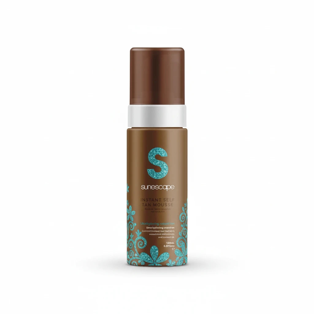 A pump bottle of Sunescape self-tanning mousse with a brown tint and blue floral design detail.