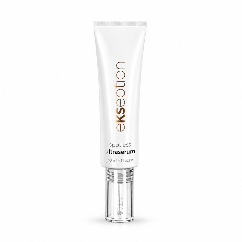 A white squeeze tube of ekseption spotless ultraserum with a clear cap, centered on a plain white background.