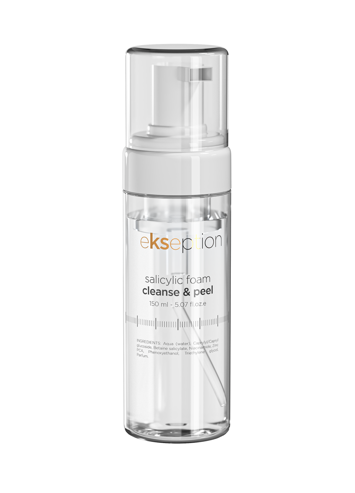 Ekseption Salicylic Foam Cleanse & Peel in a clear cylindrical pump bottle with a white cap, shown on a solid white background.