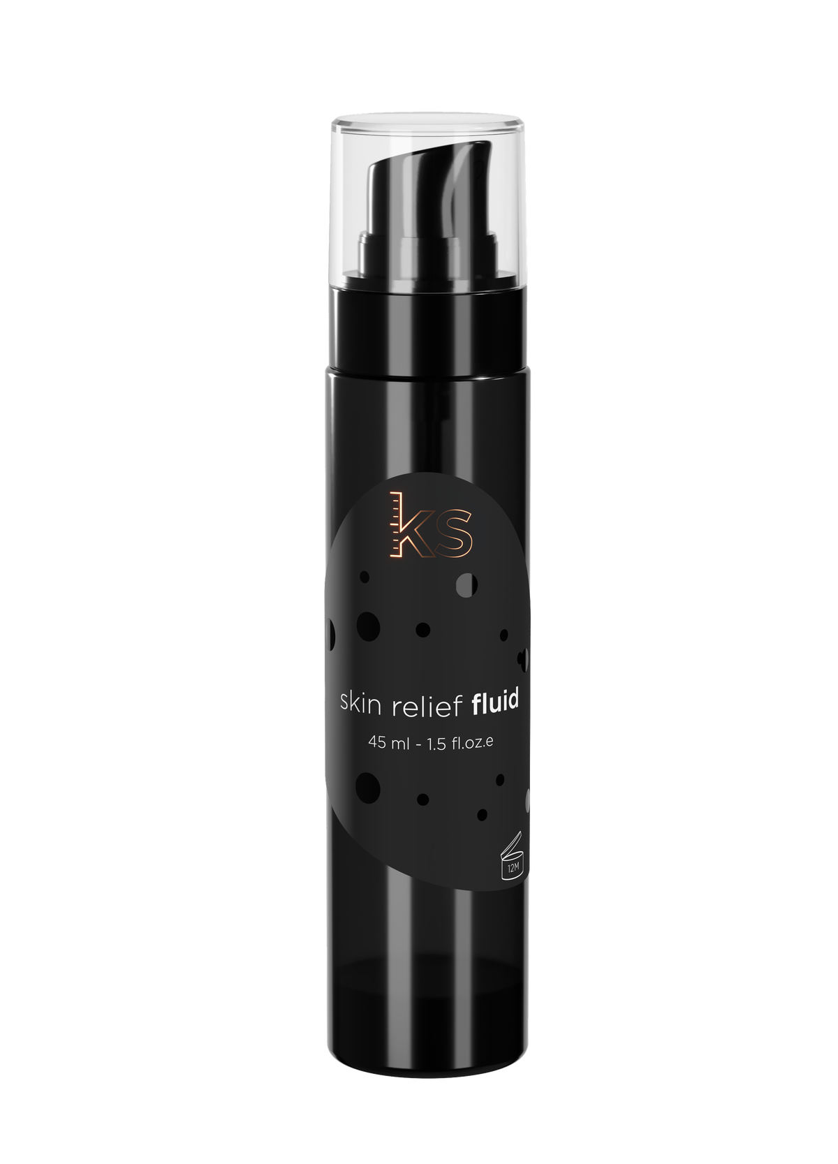 A black cylindrical pump bottle of Ekseption Skin Relief Fluid with a clear cap, shown on a plain white background.