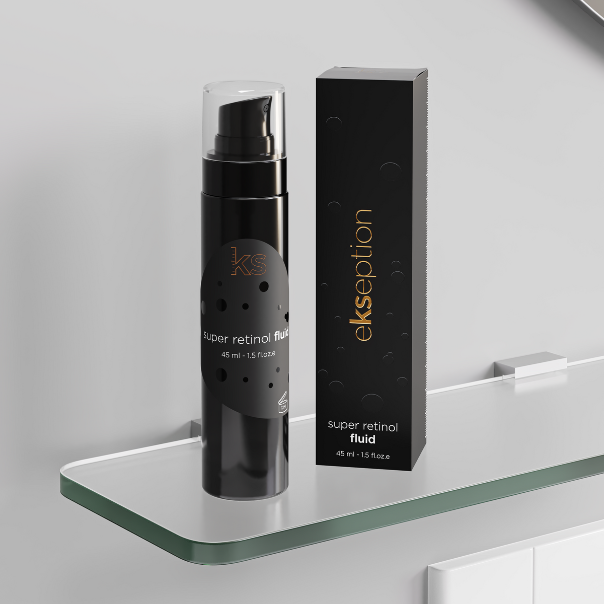 A black bottle of ks ekeption super retinol fluid next to its black packaging box, displayed on a glass shelf against a light gray wall.