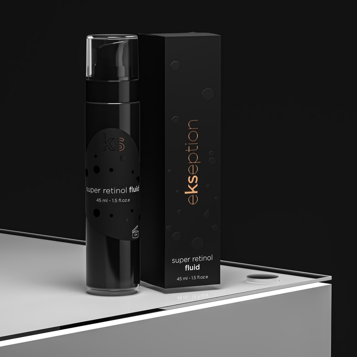 A black cylindrical bottle of Ekseption Super Retinol Fluid stands next to its matching black rectangular box on a light gray platform against a dark background. The packaging features the brand name 'ekseption' in orange and the product name 'super retinol fluid' in white.
