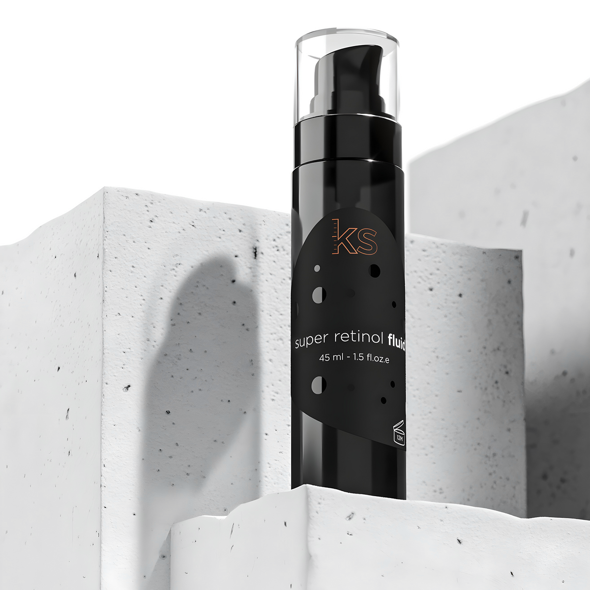 A black cosmetic pump bottle labeled 'ekseption super retinol face' stands upright between white textured concrete blocks against a white background.