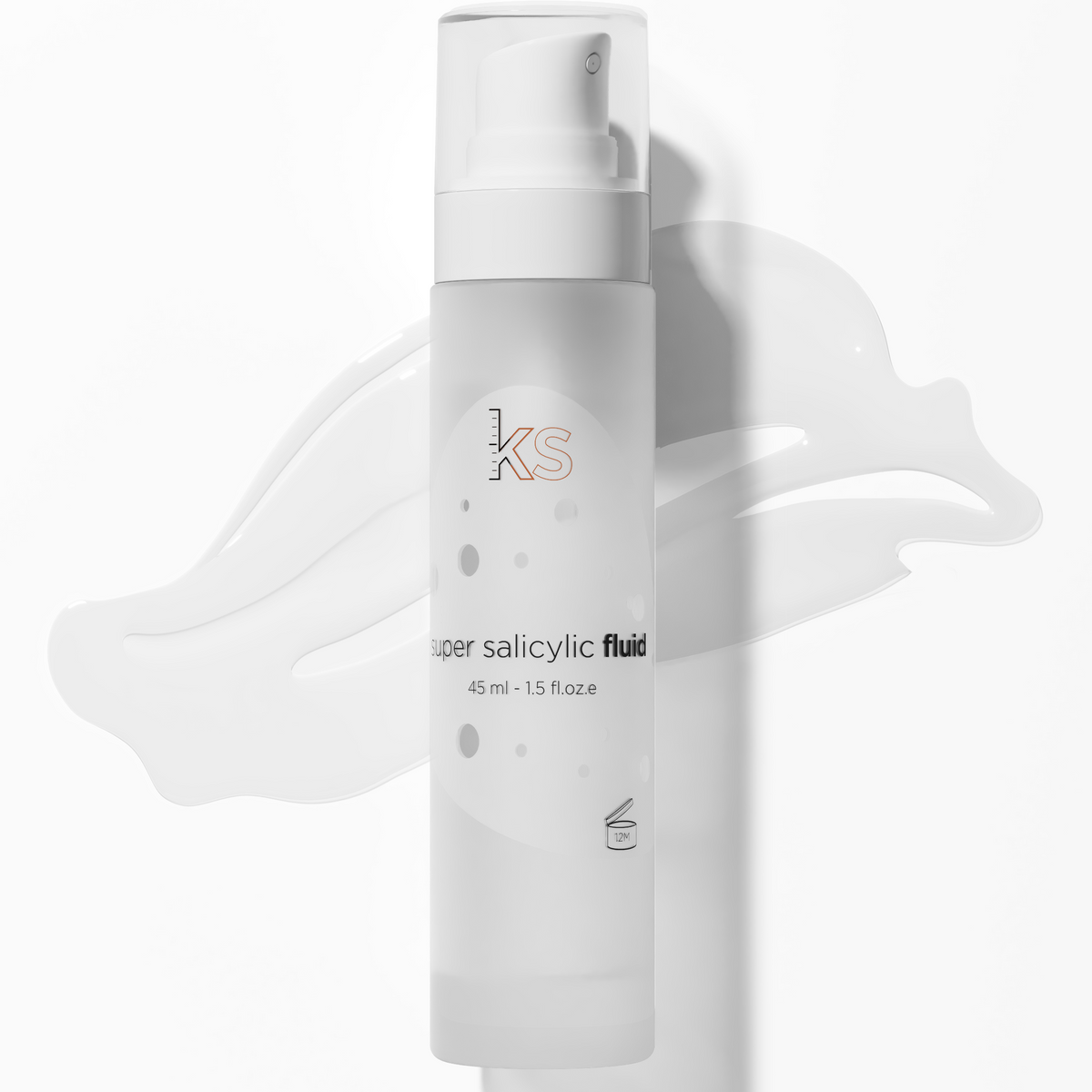 A frosted glass pump bottle of Ekseption Super Salicylic Fluid, shown against a clean white background with a soft, artistic liquid splash graphic behind it.