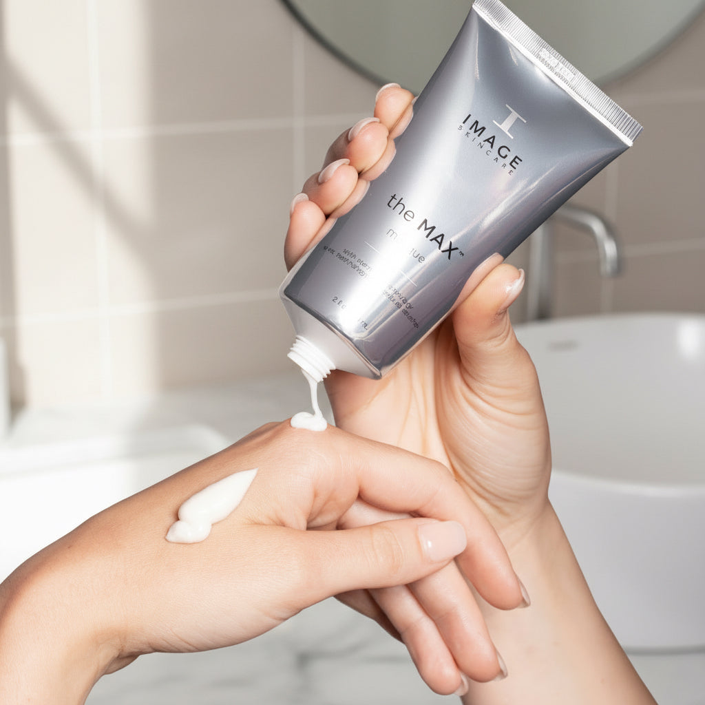 Hand applying skincare product labeled 'the MAX' by IMAGE Skincare on a plain background