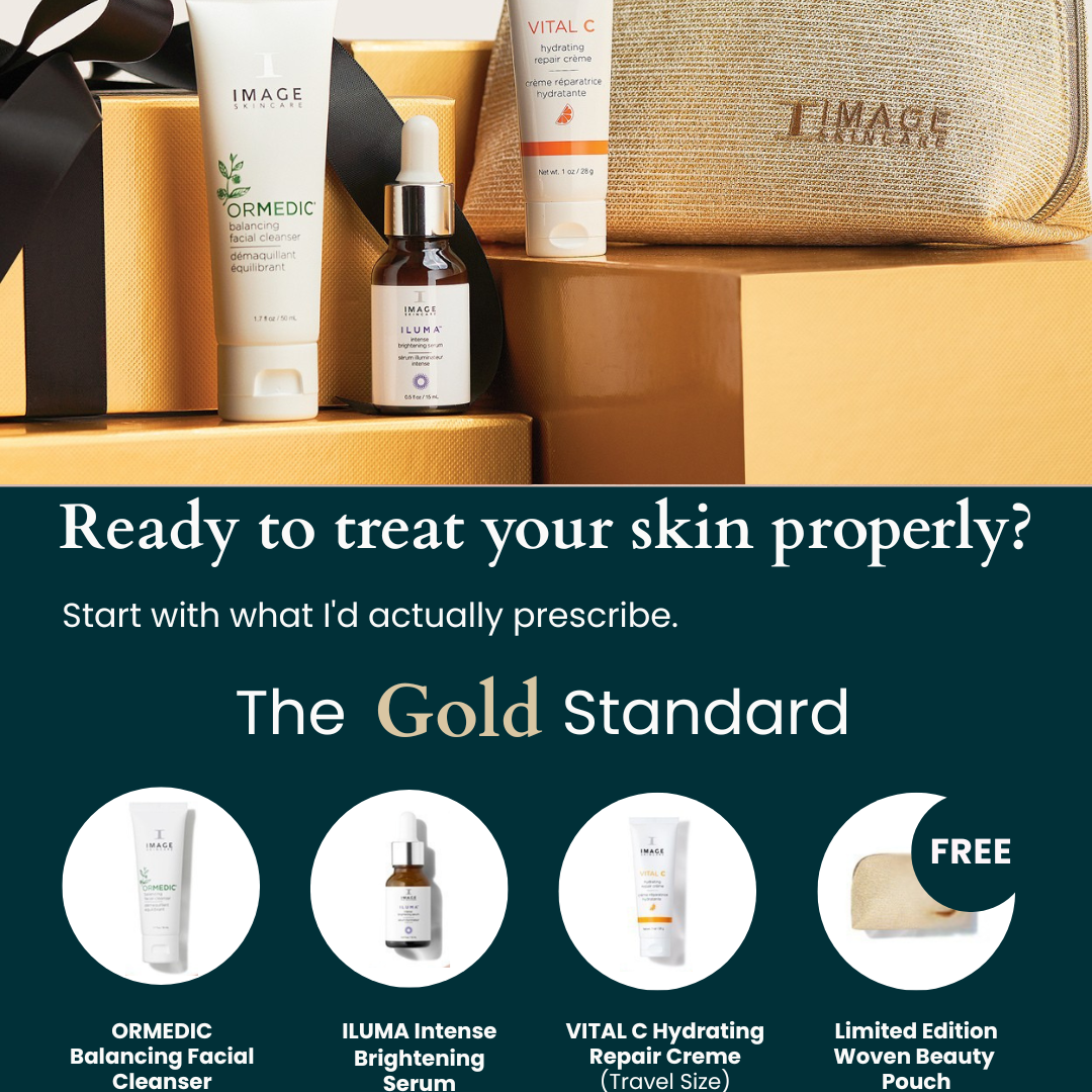 SKIN CARE PRODUCTS AND PROMOTIONAL BAG ON A GOLDEN BACKGROUND