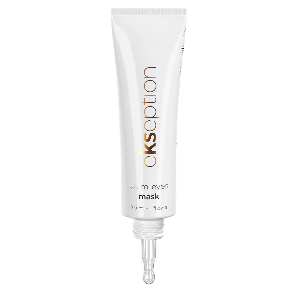 A white squeeze tube of ekseption ultm-eyes mask with a clear applicator tip, centered on a plain white background.