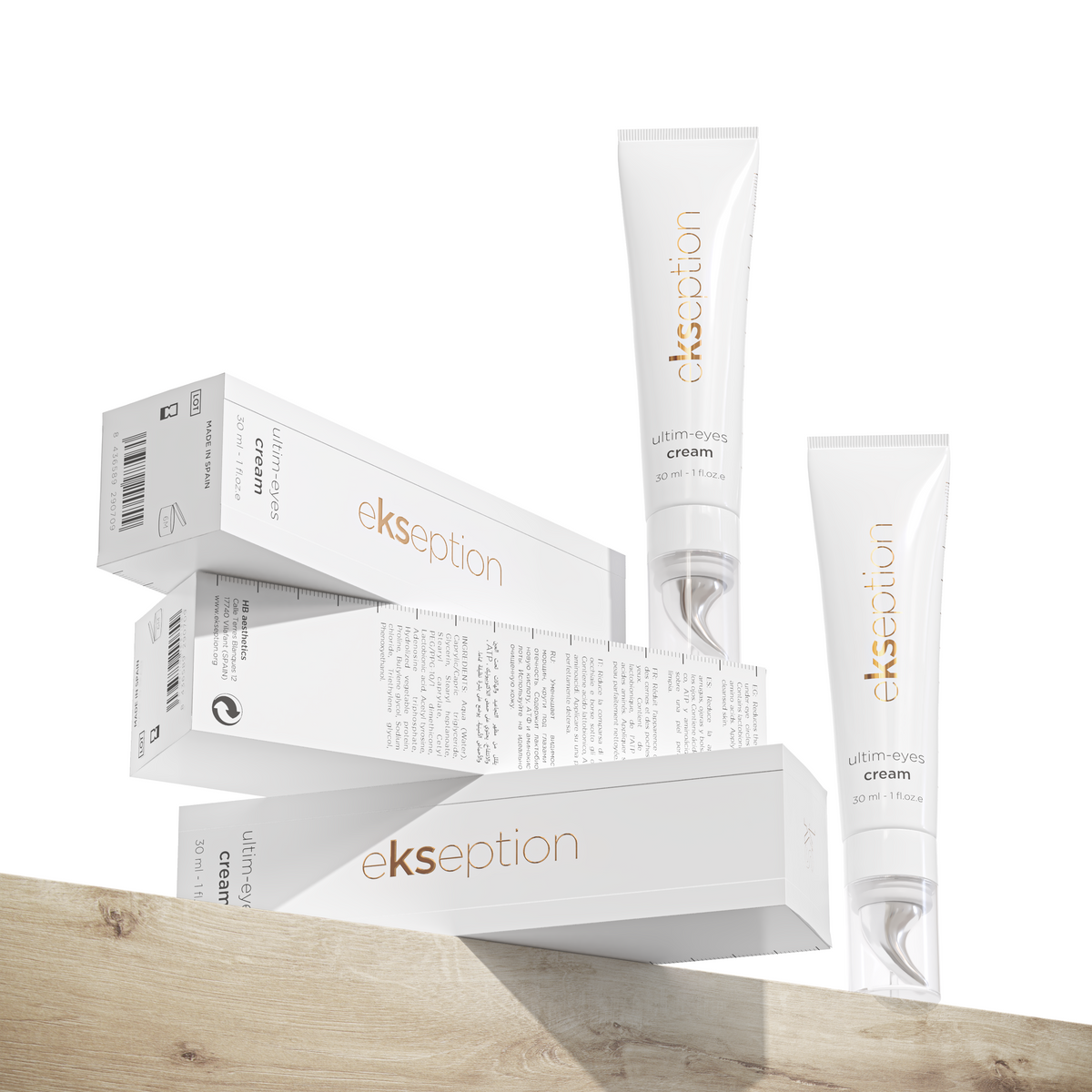 Eksepton ultra-eye cream shown with its white squeeze tube and multiple white product boxes stacked on a light wood surface against a white background.