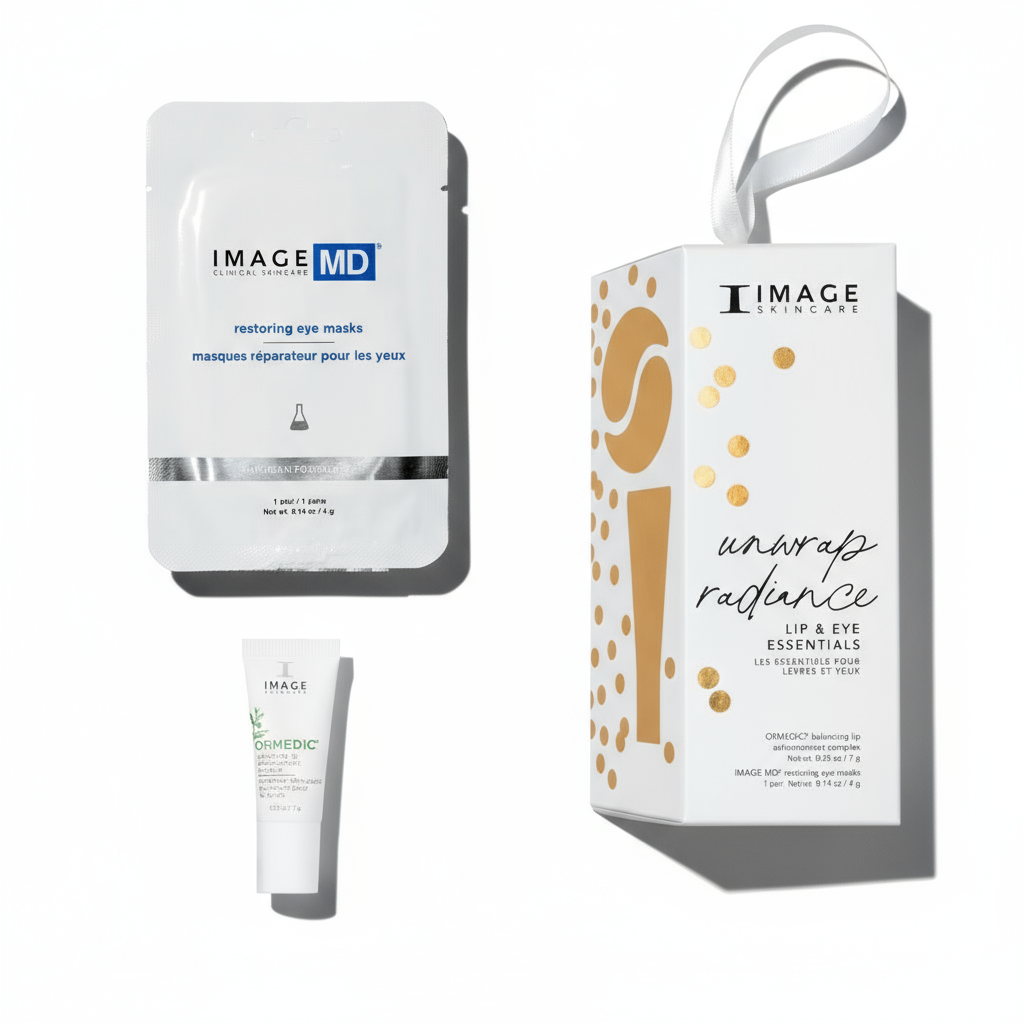 Image MD skincare products including eye masks, cream, and lip and eye essentials on a white background