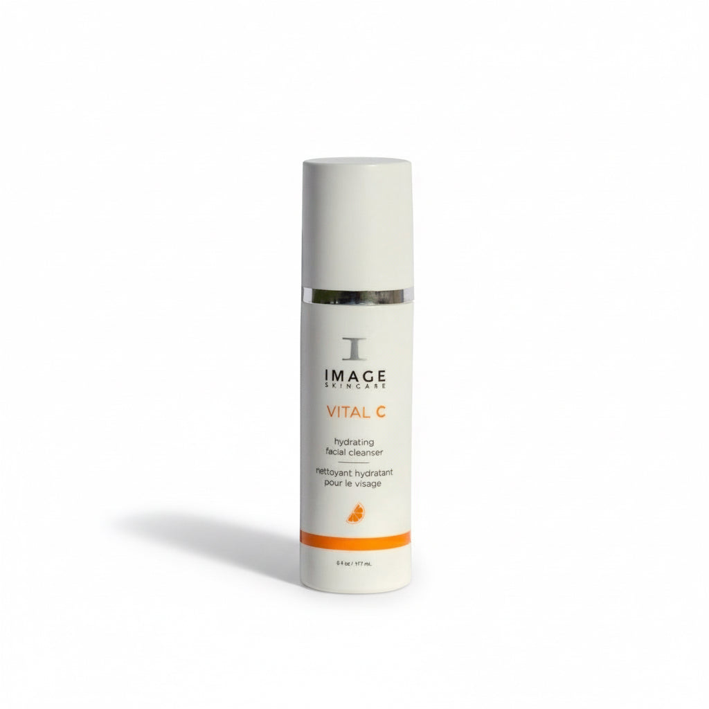 A pump bottle of IMAGE VITAL C Hydrating Facial Cleanser with a white and orange design.