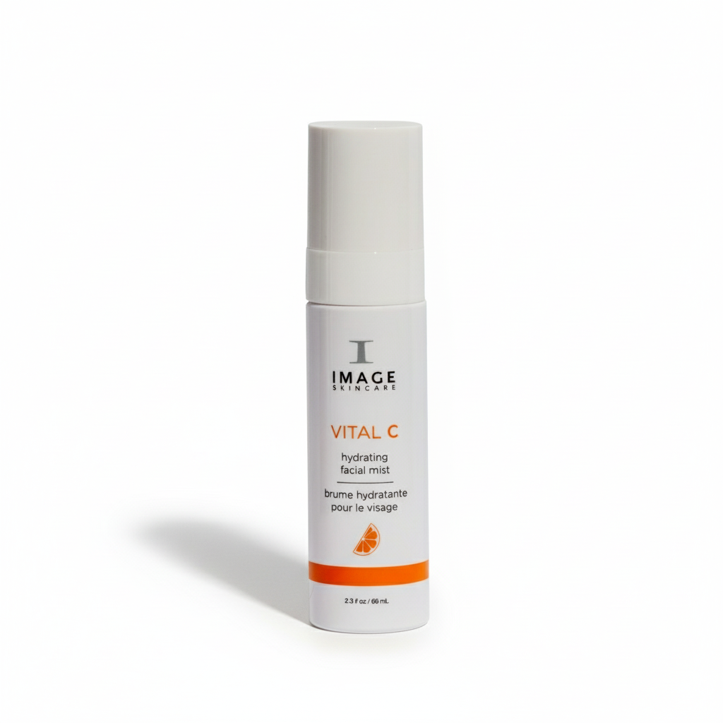 A white spray bottle labeled 'IMAGE VITAL C Hydrating Facial Mist' against a plain background.