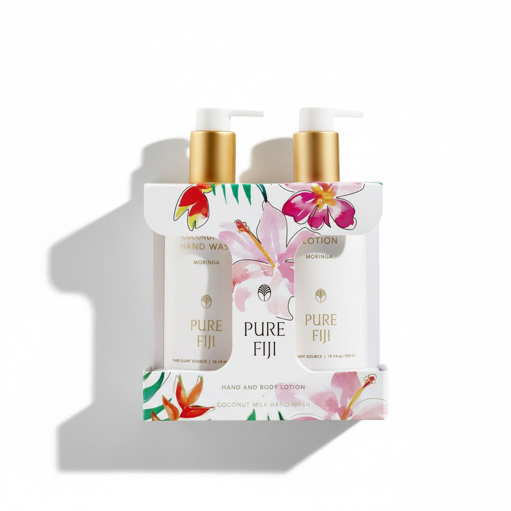 Two bottles of Pure Fiji lotion on a decorative stand with floral design