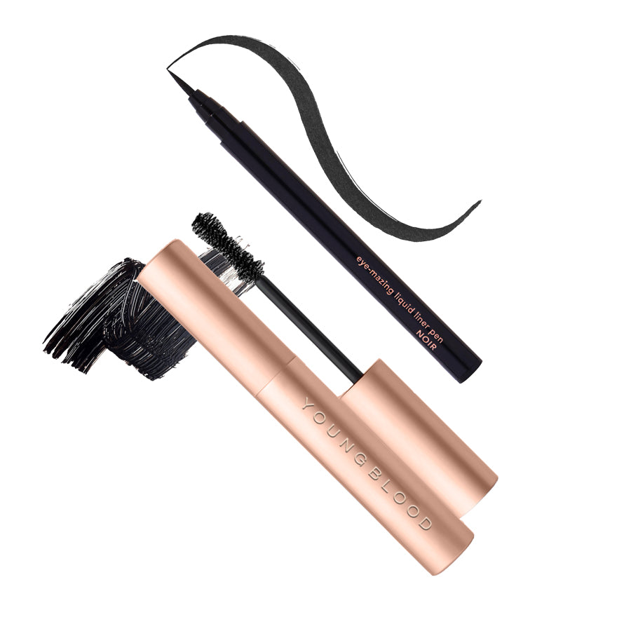 Eye liner pen and mascara with 'Young Blood' branding on a white background