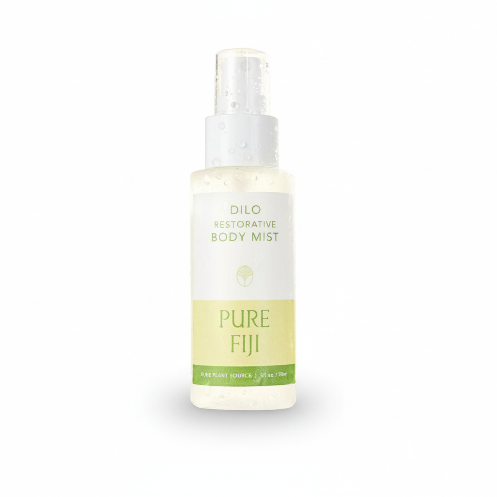 A white spray bottle labeled 'Dilo Restorative Body Mist' with green accents and text indicating the brand is Pure Fiji.