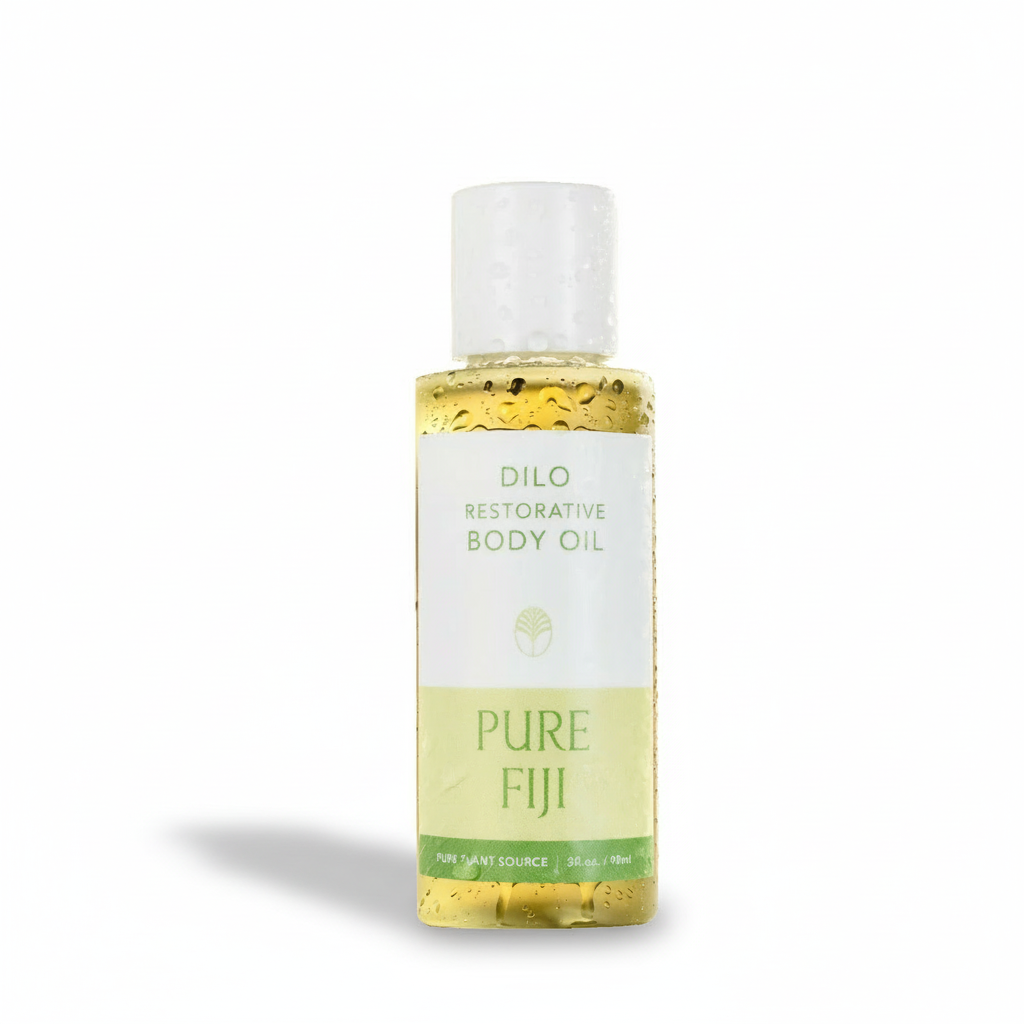 A clear bottle containing yellow liquid, labeled 'Dilo Restorative Body Oil', with additional branding and product information.