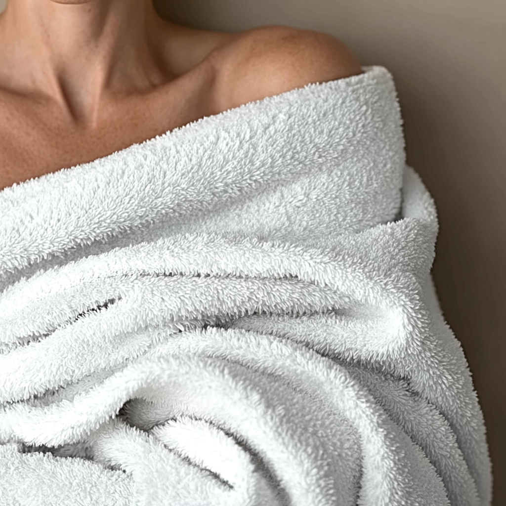 Close-up of a white towel draped over a person's shoulders with a neutral background