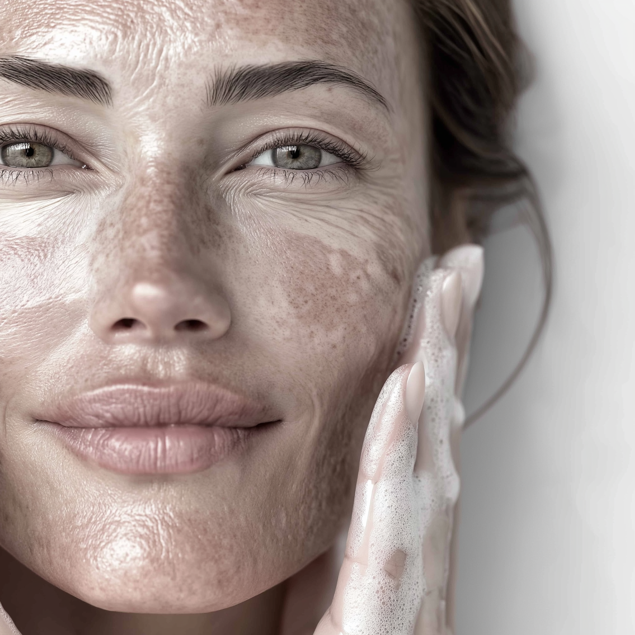 Close-up of a woman's face with visible skin texture, holding her hand near her cheek.