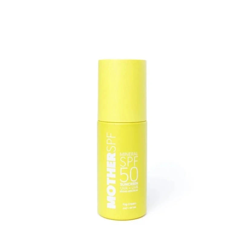 A yellow tube of sunscreen lotion labeled 'MotherSPF' with a clean, minimalist design